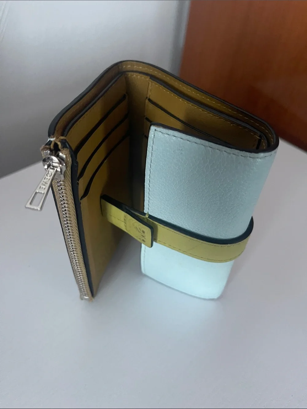 Loewe Pale Blue Leather Wallet with Olive Strap